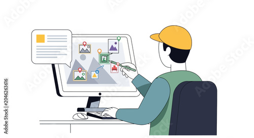 Flat Vector Illustration of a Graphic Designer Organizing Digital Photos and Geotagging Locations on a Computer Screen