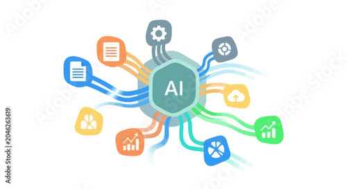 Artificial Intelligence AI Business Automation and Data Integration Network Infographic with Cloud, Analytics, and Document Icons
