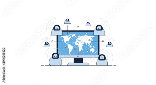 Global AI Bot Network and Automated Communication System Illustration on World Map