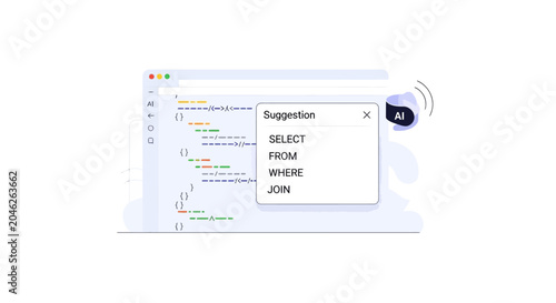 AI Coding Assistant Interface Showing SQL Query Suggestions in a Code Editor Illustration