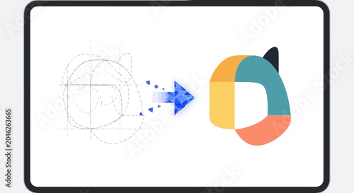 Logo Design Process on Digital Tablet: From Wireframe Sketch to Final Colorful Branding Identity Concept