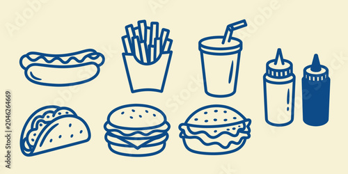 Fotografía Set of fast food icons including burger, hot dog, fries, drink, taco and sauces