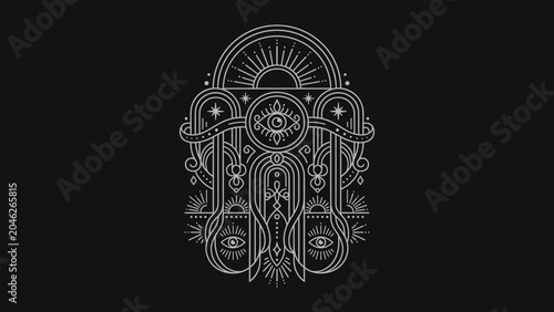 Canvas Print White mystical geometric line art with third eye sun and stars on black backgrou