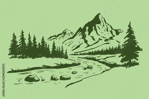 Obraz na plátne Mountain landscape with river and pine forest illustration outline sketch vector