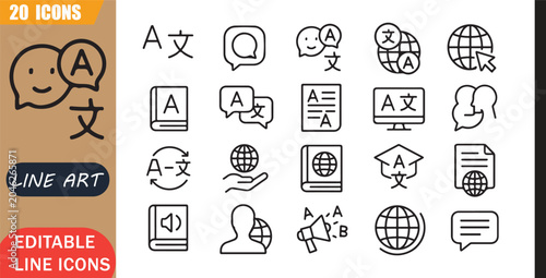 Quadro su tela Multilingual translation icons set, 20 editable line art icons set, language mul