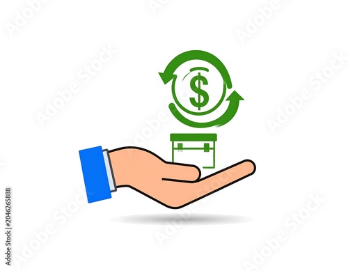 A hand with a blue sleeve holds out its palm with a green credit card and dollar sign above
