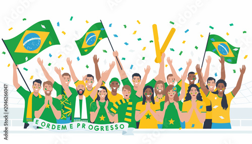 Brazilian Fans Celebrate with Flags in Stadium Crowd