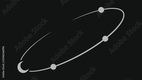 Tableau sur toile Minimalist orbital path with crescent moon and planetary icons on dark backgroun