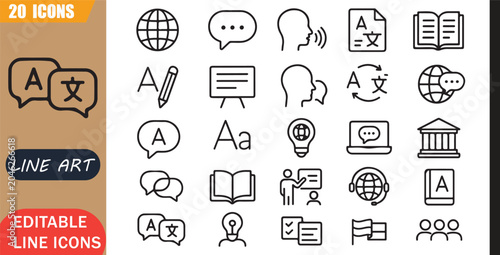 Tableau sur toile Linguistics communication icons set, 20 editable line art icons set, language li