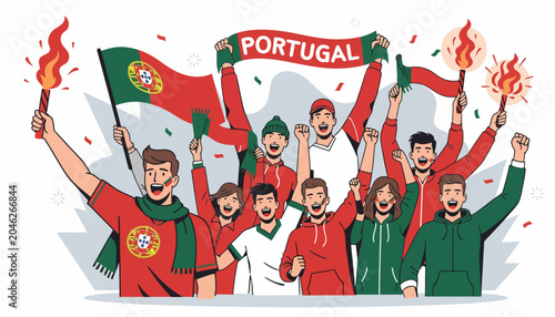 Portugal Football Fans Celebrate Victory Cheering with Flags and Flares