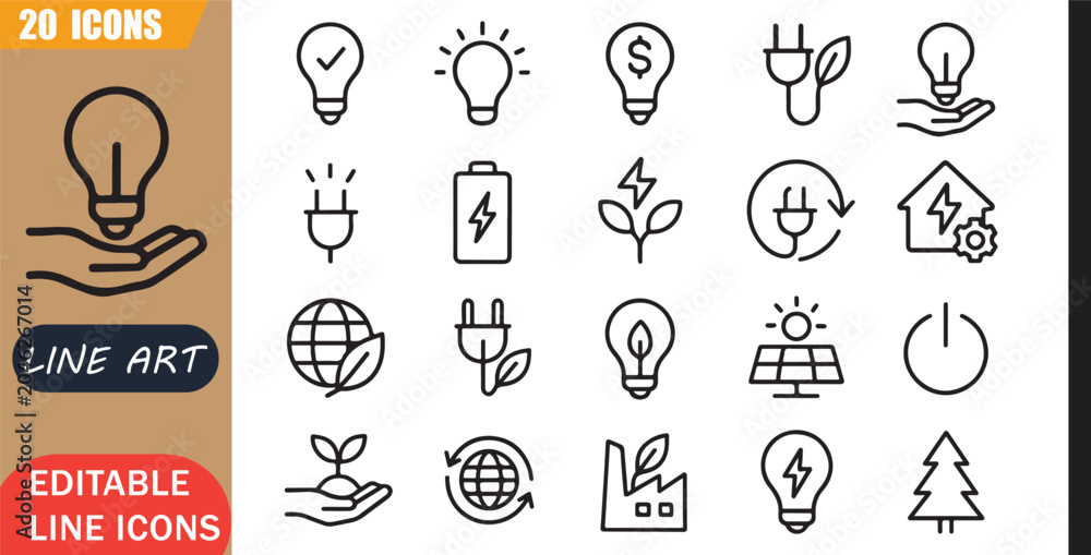 Naklejka premium Energy saving icons set, 20 editable line art icons set, energyefficiency energysaving electricity, sustainability ecofriendly power, green environment utility, conservation theme,clean outline vector