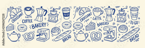 Hand drawn bakery and coffee doodle set. Sketch illustration of croissant, donut, cake, espresso machine and latte for cafe menu design.