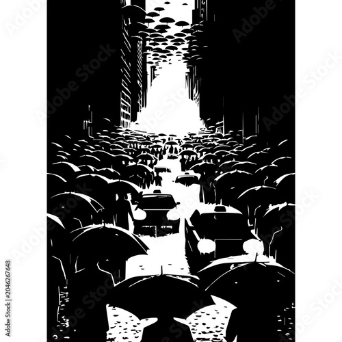 Cuadro en lienzo Detailed B&W vector of noir city traffic in rain, car headlight streaks, umbrell