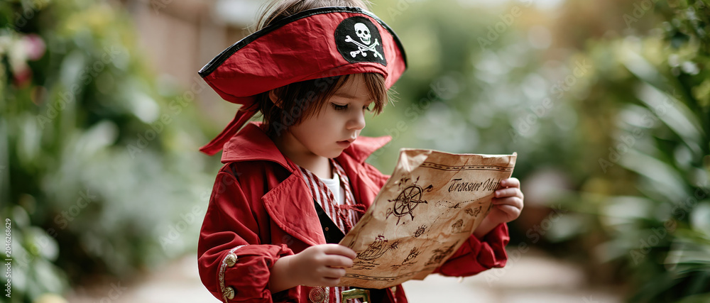 Obraz premium Curious pirate boy costume treasure map adventure outdoors garden fantasy imagination