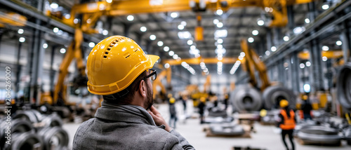 Industrial engineer safety helmet factory floor manufacturing plant heavy industry worker machinery production line industrial safety warehouse interior industrial engineer safety helmet factory