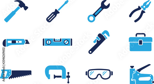 Obraz na plátne Professional Hand Tool Icon Set in Blue Tone Featuring Hammer Screwdriver Wrench