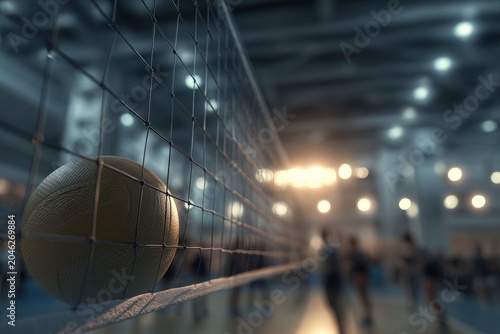 Volleyball game in progress with a ball momentarily stuck on the net, showcasing indoor court action and athletic focus.