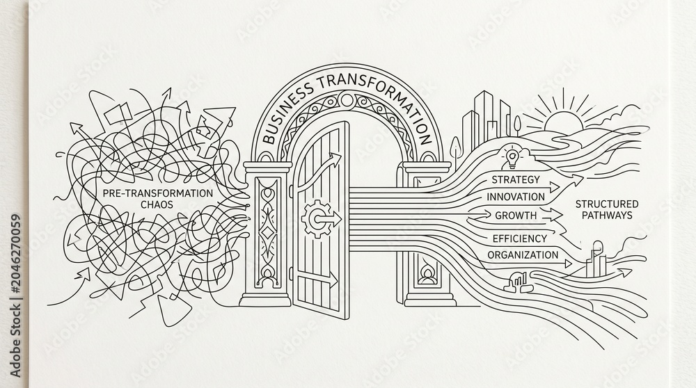 Obraz premium Business transformation concept illustration, pre-transformation chaos to structured pathways, corporate strategy and innovation metaphor
