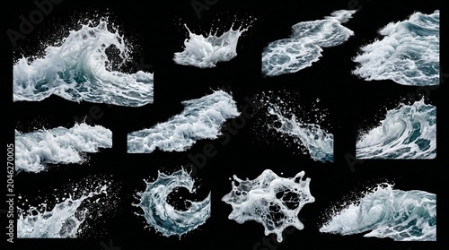 Dynamic water splash collection on black background, set of 12 liquid wave elements, realistic ocean spray and foam textures for compositing