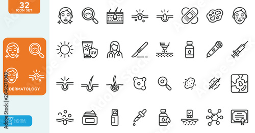 Dermatology Vector illustration editable line icons set. Skin allergy, Atopic, itchy, Dry skin, Rash, Epidermis. cosmetology. on white background.