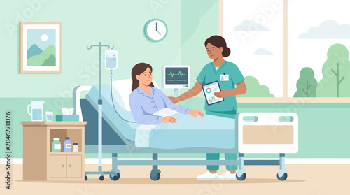 Modern flat vector healthcare illustration showing a hospital patient resting in a medical bed while a nurse provides care and monitors health information.