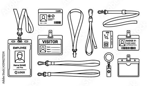 Schilderij op canvas Professional Workplace ID Badge Line Drawing Set with Access Cards and Visitor P