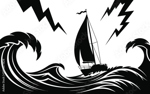Silhouette illustration of a sailboat in a storm at sea with lightning and crashing waves sailboat silhouette lightning nautical maritime adventure seafaring navigation transport elements