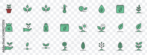 Plant Growth Nature Icon Set Gardening, Farming, Ecology, Sprouts, Seeds, Leaves, Organic Development Vector