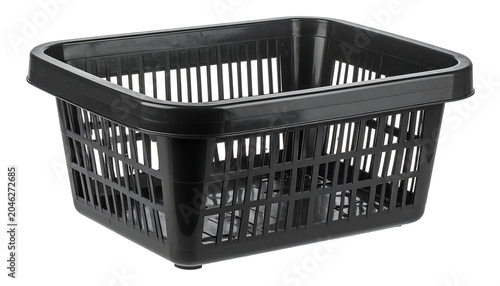 A black plastic basket with rectangular shape and handle