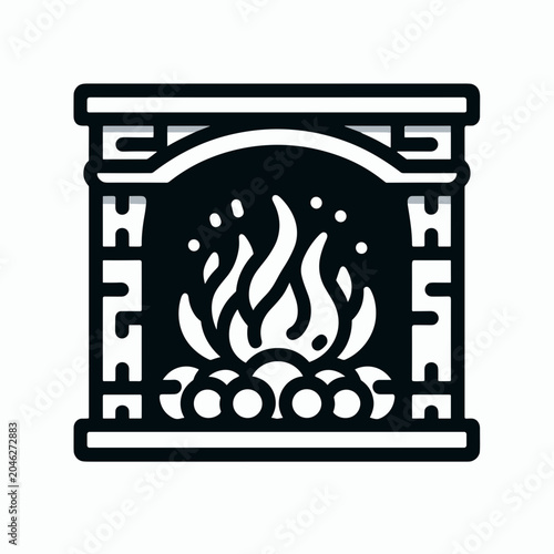 Traditional fireplace with fire and logs illustration in black and white