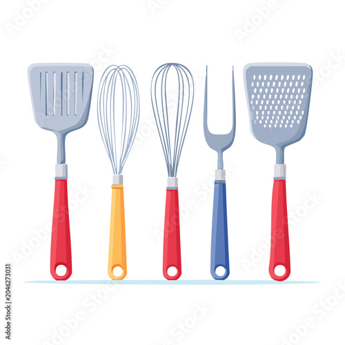 Set of colorful kitchen utensils on white background