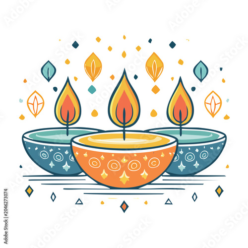 Three decorative diya candles with flames and festive elements