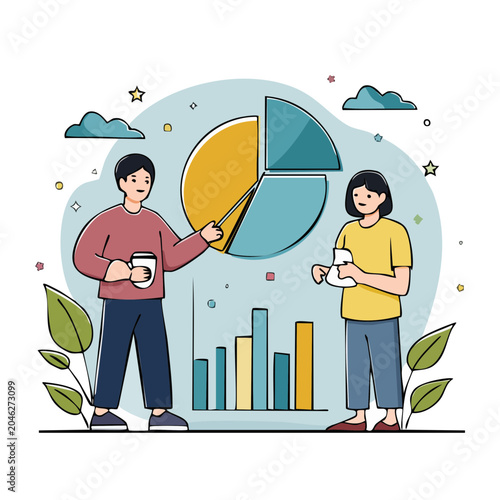 Two people analyzing pie and bar charts in a business meeting