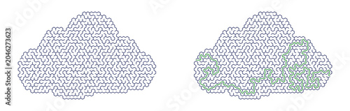 Schilderij op canvas Cloud-shaped maze puzzle illustration featuring a visible solution path, designe
