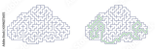 Foto Cloud-shaped maze puzzle illustration featuring a solution path highlighted in g
