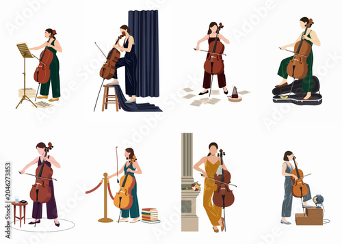 фотографія Collection of illustrations featuring a female cellist performing and practicing in various elegant settings and artistic poses