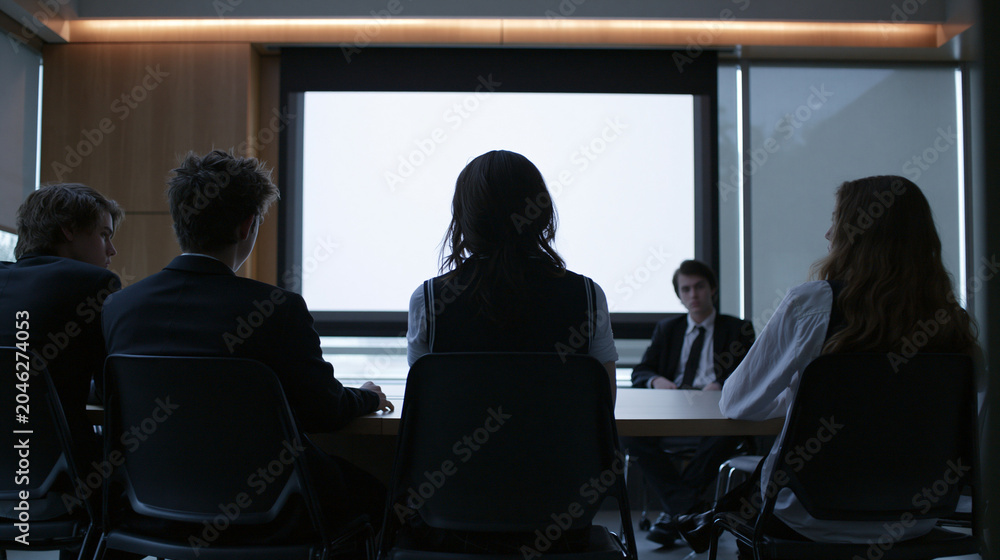 Fototapeta premium Business Meeting Presentation in Dimly Lit Office Room 