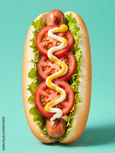 Gourmet Hot Dog with Fresh Lettuce, Tomato, Mayonnaise, and Mustard on a Vibrant Teal Background