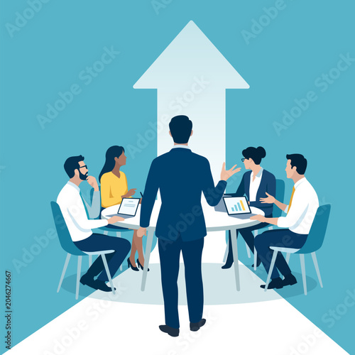 The path to success. A team leader presents business plan. Group leader presents growth strategy. Meeting concept. Business vector illustration