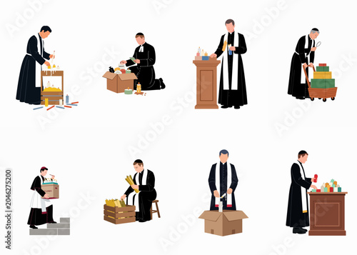 Quadro su tela Flat vector illustration set of priests in clerical clothing managing, lighting, and arranging ritual candles for church services and religious ceremonies