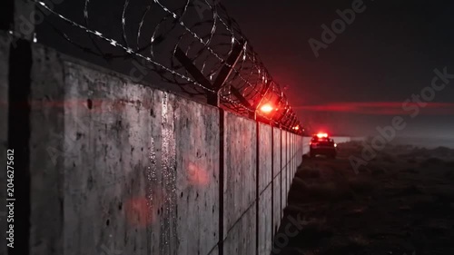 Border wall with barbed wire stands as a dark silhouette under a night sky while a security vehicle patrol light flashes in the distance, suggesting themes of restricted access and safety.