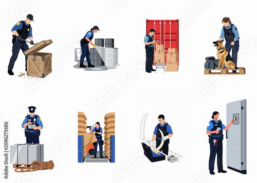 Bild auf Leinwand Vector illustrations of customs and border protection officers performing cargo inspections, package checks, and contraband detection in logistics and warehouse settings