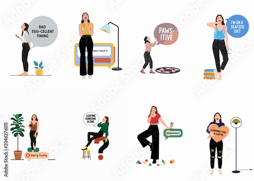 Tableau sur toile Collection of eight flat vector illustrations featuring a cheerful woman with various humorous puns and wordplay in speech bubbles