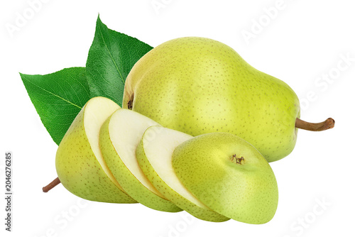 Photos Green pear fruit slices isolated on white background with  full depth of field