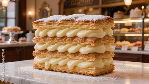 Bakery display shows a large mille-feuille dessert with cream layers in a shop filled with sweet treats Generative AI