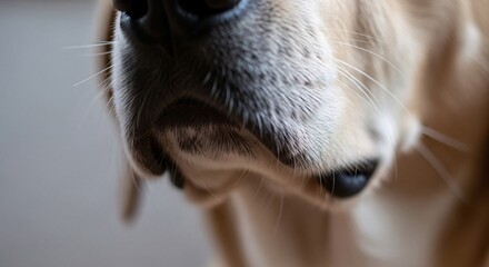 Close-up of a Golden Retriever's nose and mouth showing detailed fur and skin texture with soft lighting and neutral background for pet and animal photography