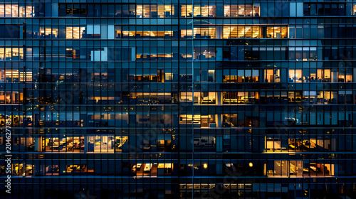 Evening office building with illuminated windows showcasing nighttime activity