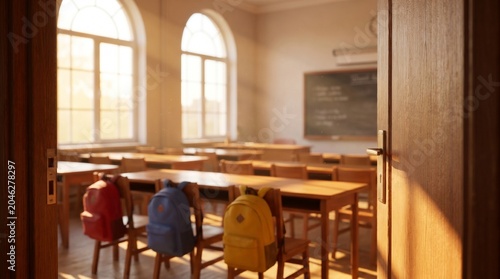 An empty classroom bathed in the warm glow of sunlight streaming through arched windows, with colorful backpacks neatly placed on chairs, ready for students