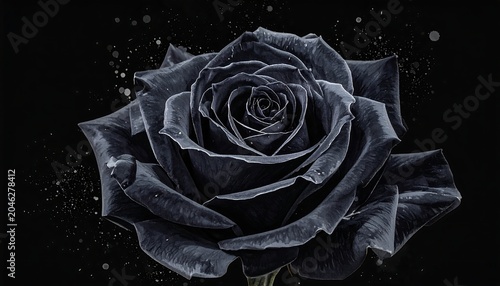 A black and white image of a rose with water droplets on its petals against a dark background