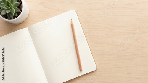 An open notebook and a pencil sit on a wooden desk next to a small potted plant, ready for inspiration and ideas